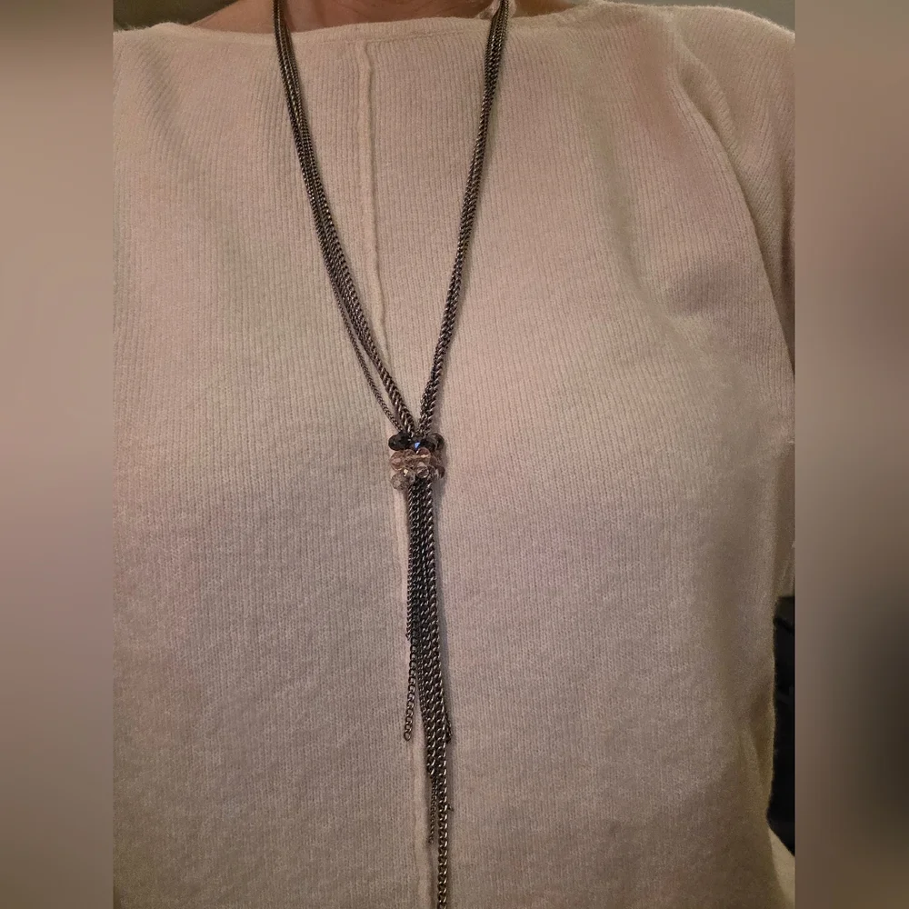 Long Silver Link Chain Necklace – Y2K Retro Beaded Statement Piece